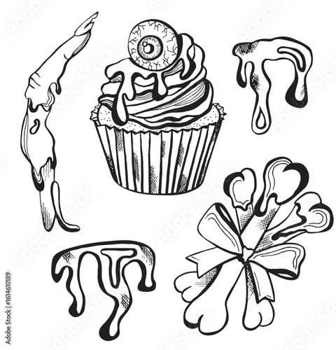 Vector traditional Halloween sweets and cupcakes. Spooky hand drawn snacks, no background.