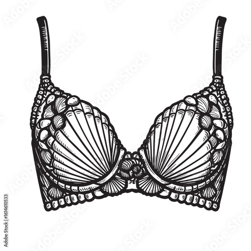 Intricate hand drawn line art illustration of a beautiful vintage bra design