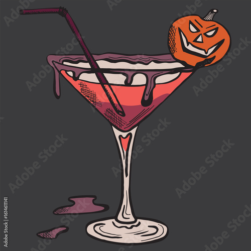 Vector creepy halloween cocktail with pumpkin on dark background.