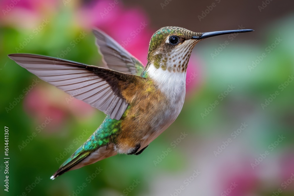 Fototapeta premium Ruby-throated hummingbird in flight amidst colorful flowers, captured in vivid detail with a blurred floral backdrop creating a dynamic natural atmosphere
