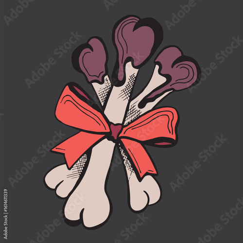 Halloween candy in the form of bones tied with a bow. Vector colorful illustration on a dark background