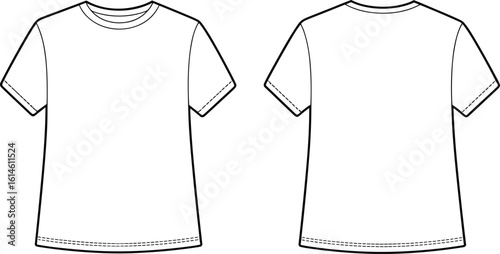 Blank White Short Sleeve Crew Neck T-Shirt Template for Graphic Design, Front and Back Views, Customizable Apparel Mockup, Isolated on White Background for Easy Use, Versatile Clothing Design.