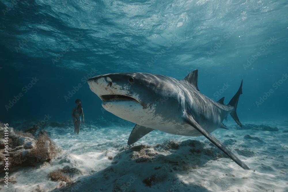 Fototapeta premium Bull shark encounter in clear waters at Playa Del Carmen, Mexico, showcasing marine wildlife interaction near sandy ocean floor
