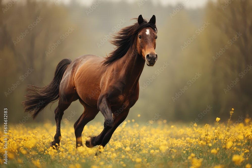 Obraz premium Bay horse galloping freely through a meadow filled with vibrant yellow wildflowers under a soft cloudy sky during a serene afternoon