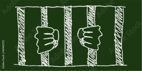 Chalk hand-drawn prison icon on green chalkboard. Simple doodle vector symbol representing jail, punishment, law enforcement, detention, crime, sentence, and legal justice system.