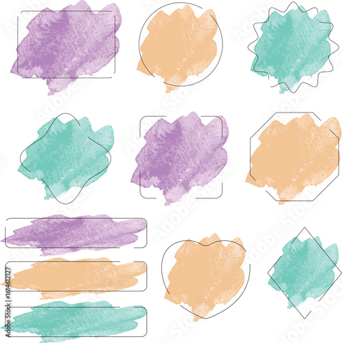 三色の途切れたアウトラインとラフな水彩のフレームセット・ポップ