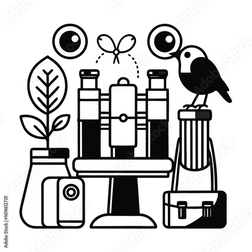 Charming black line art of a birdwatching kit for spring activities