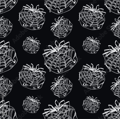 Seamless donut pattern with spider web and realistic spider for Halloween. Vector illustration. Isolated light pattern on dark background