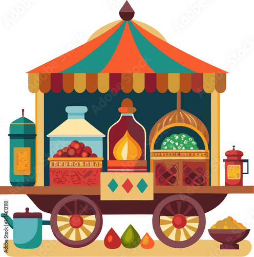 Food caravan tent with colorful spices and traditional dishes