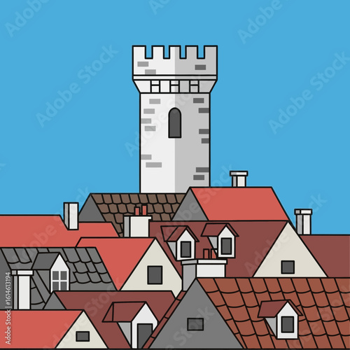 Illustration of building rooftops with red tiles and a white tower against blue sky.