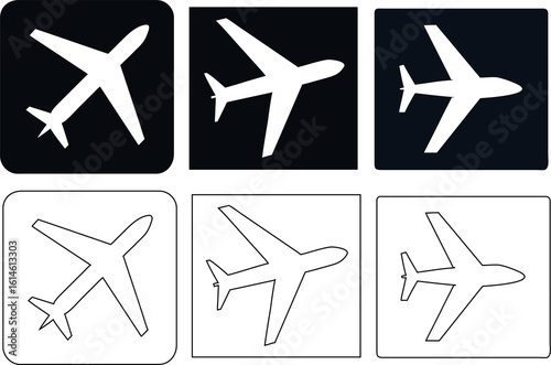 Aeroplane icon set in outline and button style on a black background. Perfect for flight apps, travel branding, aviation graphics, and airline websites.

