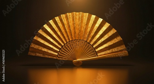 japanese fan on a black background, Luxurious golden folding fan, reflective metallic surface, oriental design. Its pleats create a gradient effect, reminiscent of traditional Asian art and summer acc
