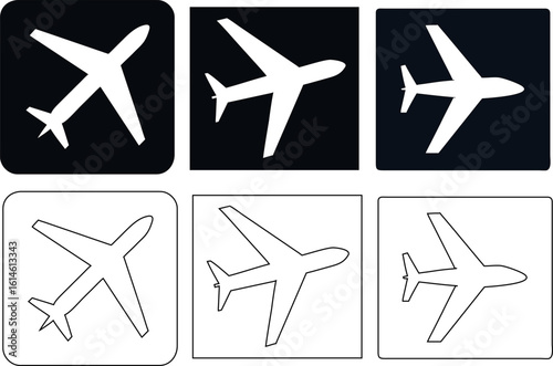 Outline and button-style aeroplane icons on a black background. Ideal for travel apps, airport UI, and aviation-themed vector designs.

