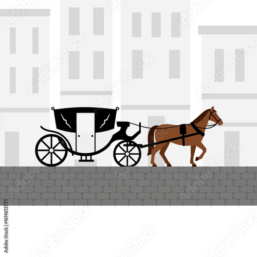 Horse drawn carriage on a road with buildings in the background.