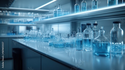 Modern lab interior, shelves of glass bottles and beakers filled with light blue liquid