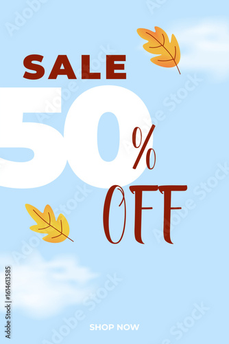 Bold fall sale flyer with clean typography, 50 percent off text and floating autumn leaves. Vector design for modern promotion. Vector illustration