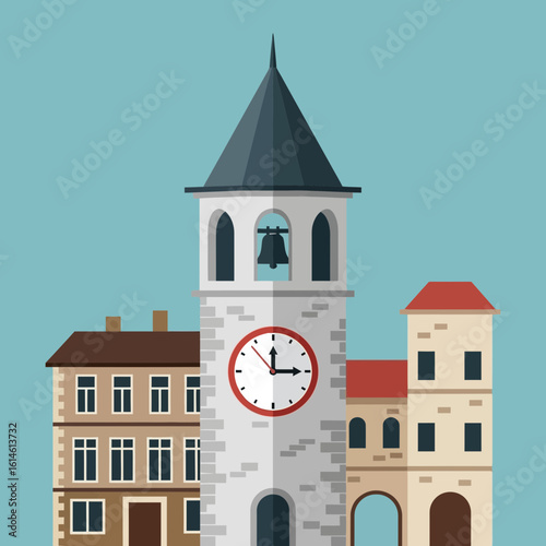 Cartoon illustration of a clock tower with buildings against a light blue background.
