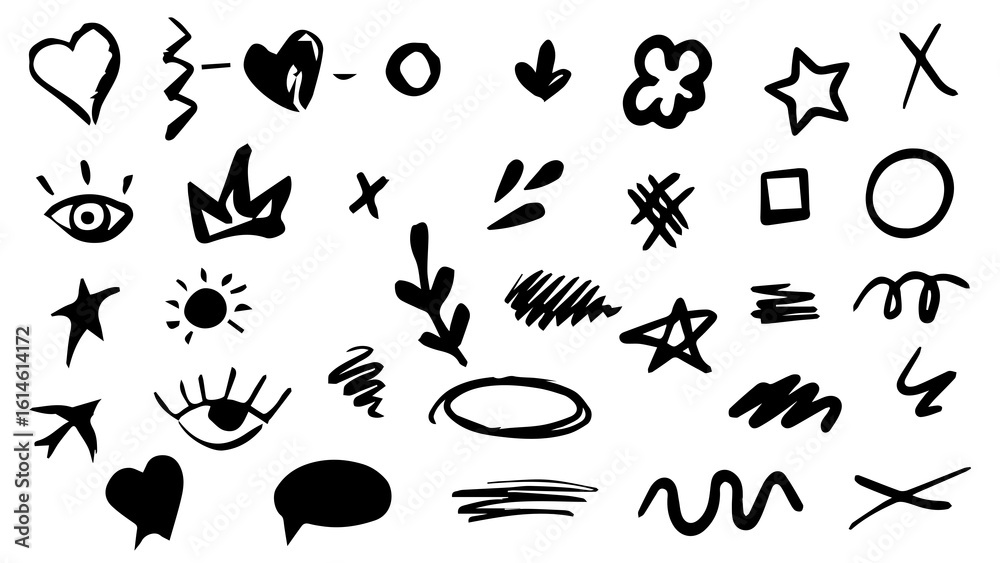 Fototapeta premium Hand drawn chalk and marker brush shapes vector set of doodles, symbols, words, arrows, scribbles, shapes and symbols on png transparent background. black and white abstract icons vintage