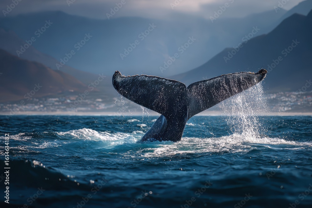 Obraz premium Humpback whale gracefully lifts its majestic tail above the water in a breathtaking display near coastal mountains at dawn