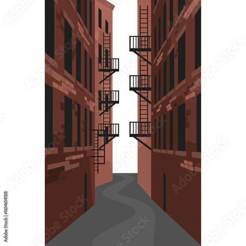 Narrow alleyway between two brick buildings with fire escapes illustration.