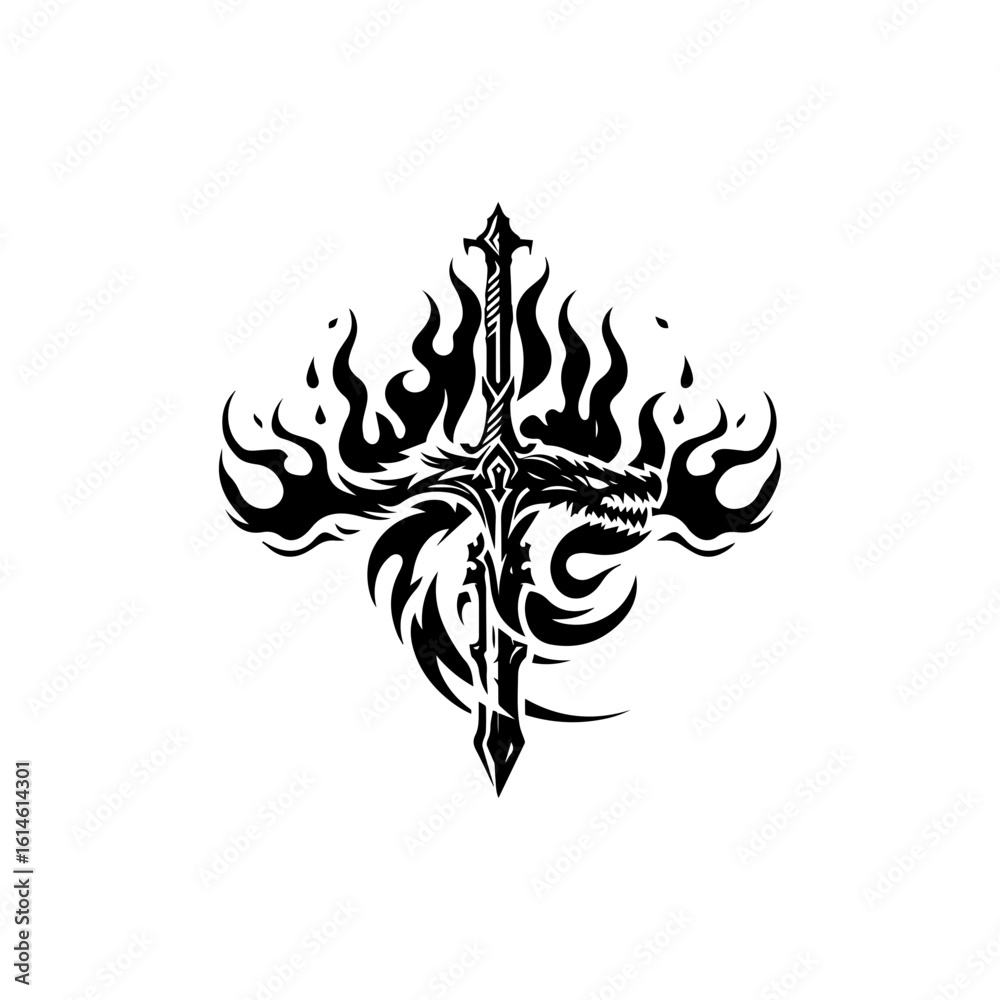 Naklejka premium gaming themed tribal sword engulfed in flames