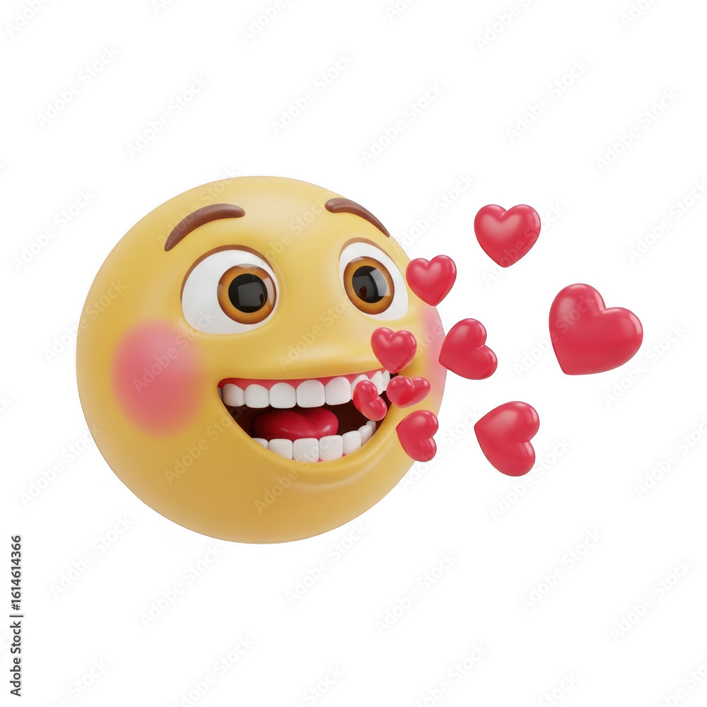 Obraz premium A happy emoji blowing red hearts isolated on transparent background