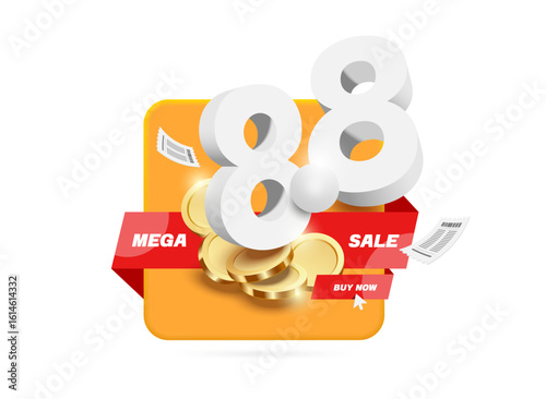 White 3D number 8.8 placed on gold coins or money for mega sale promotion advertising design, Promotion on 8th day of 8th month, vector 3d illustration isolated for banner advertising design