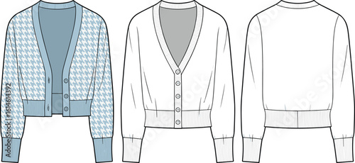 CAD drawing flat vector illustration of women's cropped cardigan sweater with front, back, and side views, button-down, knit, long sleeve