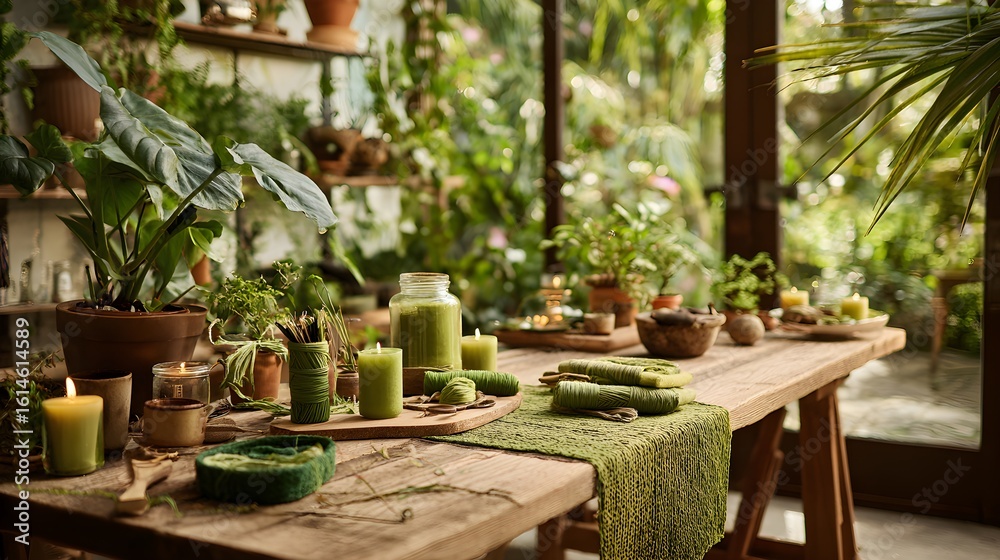 Fototapeta premium Tactile Green Houseplants in Textured Ceramic Flowerpots – Sustainable Craft Visual for Eco-Friendly Food and Wellness Branding