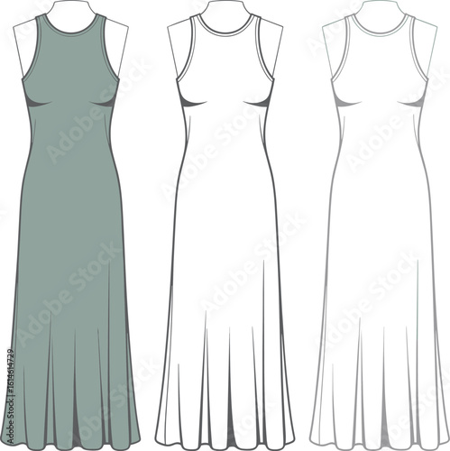 CAD drawing flat vector illustration of women’s sleeveless maxi dress with round neckline, fitted bodice, flare hem, front view