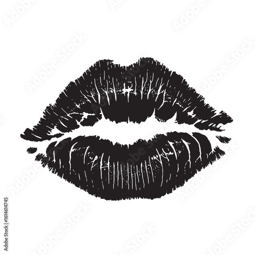 Bold black lipstick print on white background depicting romantic kiss symbol