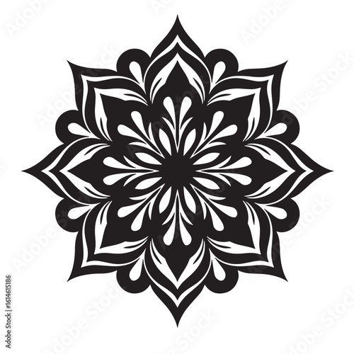Elegant black and white circular mandala design with intricate floral pattern