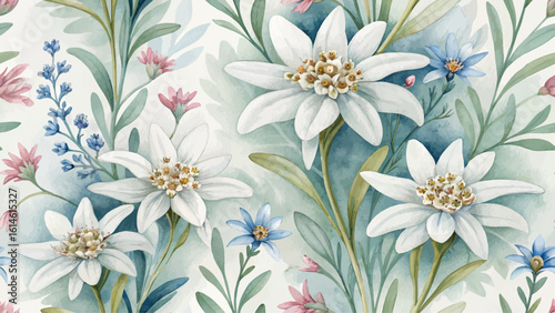Seamless floral pattern. Highly detailed Edelweiss flowers. Hand-painted watercolor style. Designed for textile print or wallpaper.