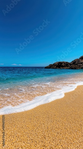 Serene Beach View with Clear Water and Golden Sand Underneath Bright Blue Sky