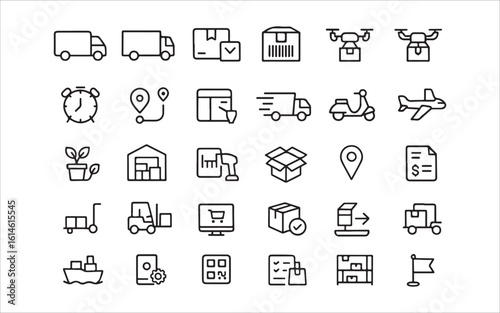Delivery & Logistics Line Icons – Van, Package, Route, GPS, Drone, and Transport Signs