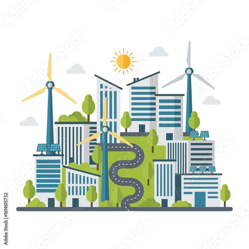 Cityscape with modern buildings wind turbines green spaces and a winding road.
