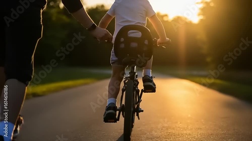 Parent helping child learn to ride bicycle at sunset