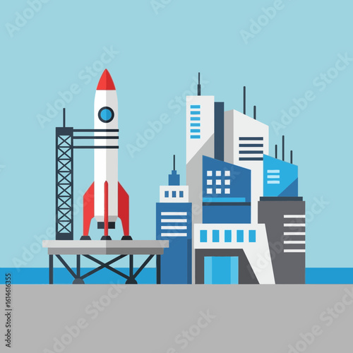 Rocket on launchpad next to futuristic buildings against a light blue background.