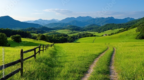 Scenic Mountain Landscape with Green Pastures and Quiet Dirt Path in Bright Daylight