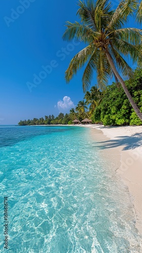 Serene Tropical Beach Under Clear Blue Sky with Lush Green Palm Trees and Calm Water