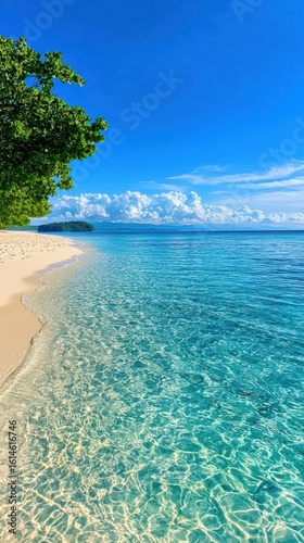 Tranquil Tropical Beach with Crystal Clear Water and Lush Greenery under Blue Sky