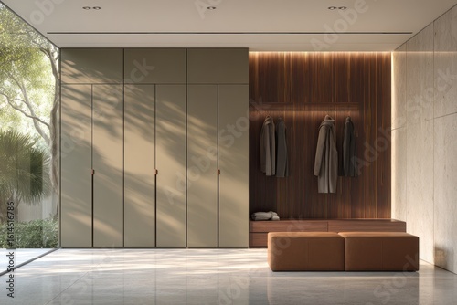 Modern entryway with tall closets, wood accent, marble floor, and light from an exterior view