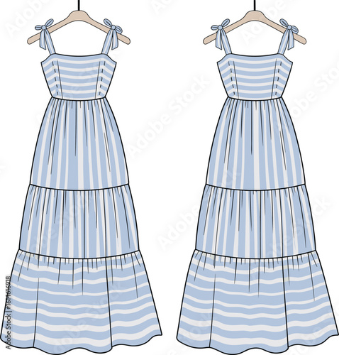 CAD drawing flat vector illustration of striped tiered maxi dress with tied shoulder straps, sleeveless design, front and back views, sketch