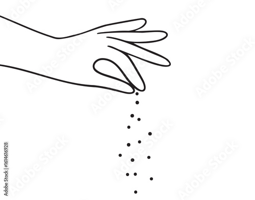 Hand sprinkle icon doodle hand drawn. Sprinkling hand gesture. Adding salt or pepper, spice to food. Outline line drawing clipart symbol