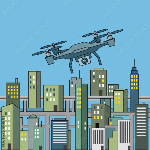 Drone flies over a city with buildings against a blue sky background.