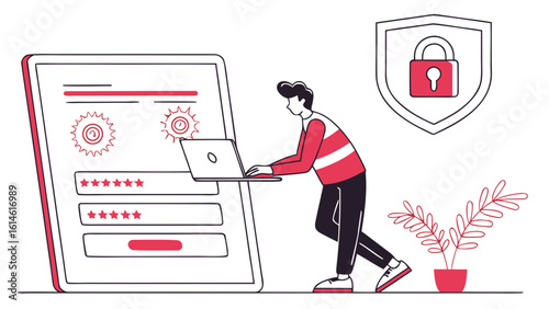 Secure online form submission with user using laptop for data entry and security shield protection concept