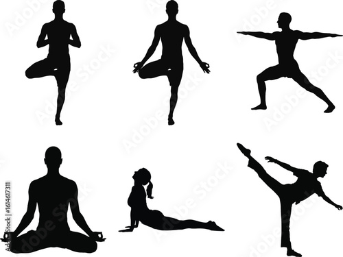Yoga and fitness silhouette vector set showing various meditation, stretching, and balance poses for wellness