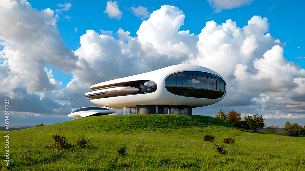 Fototapeta premium Futuristic architecture showcase rolling hills exterior design open landscape panoramic view innovative living concept