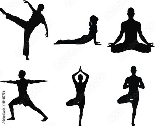 Yoga and fitness poses silhouette vector set showing various meditation, stretching, and balance positions for exercise and wellness