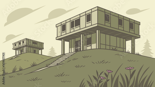 Illustrated modern houses on hills landscape vector art design architecture building real estate home exterior